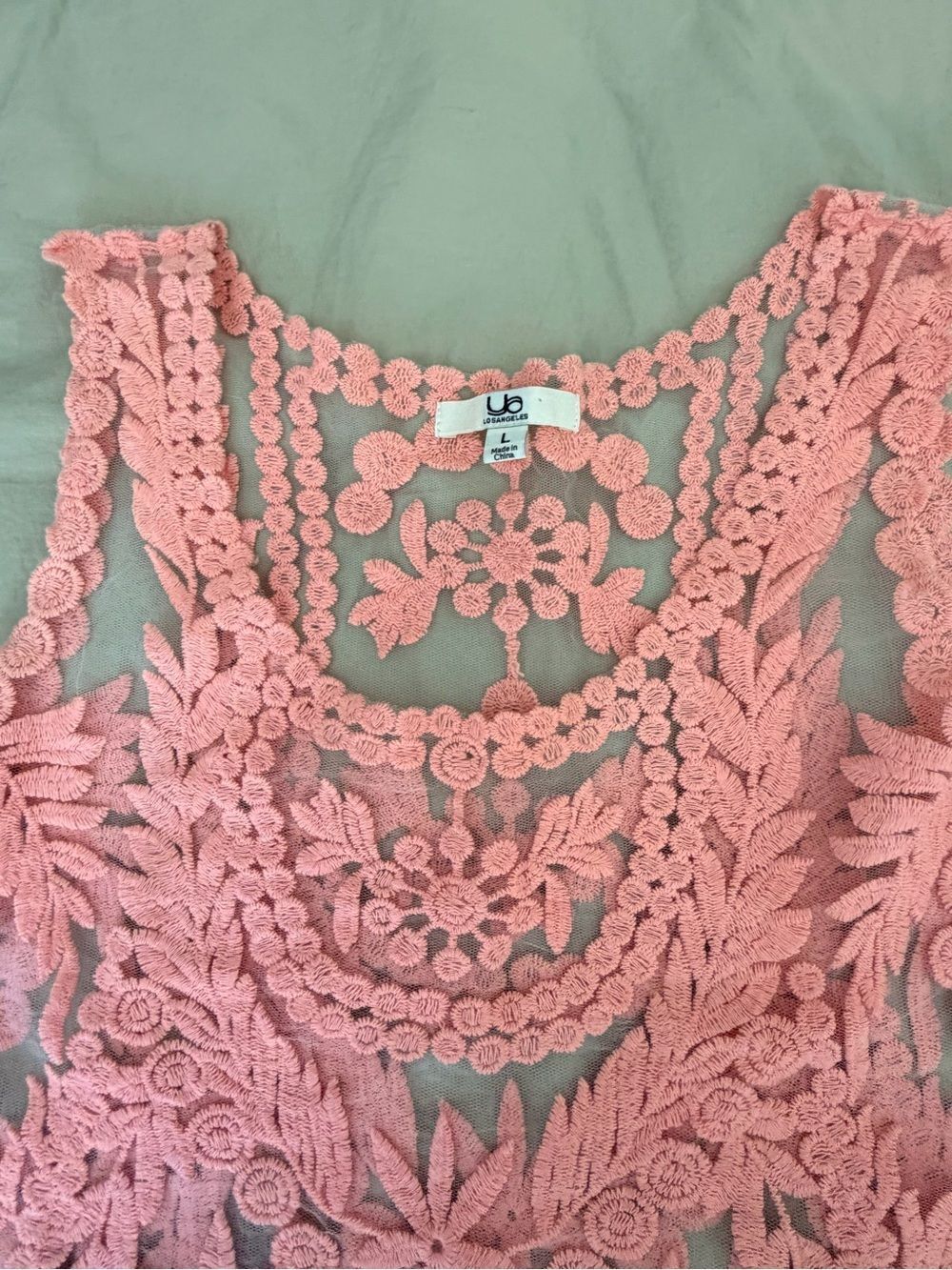 Embroidered and Mesh Lace Sleeveless Tank Top - Peach - Picture 3 of 3